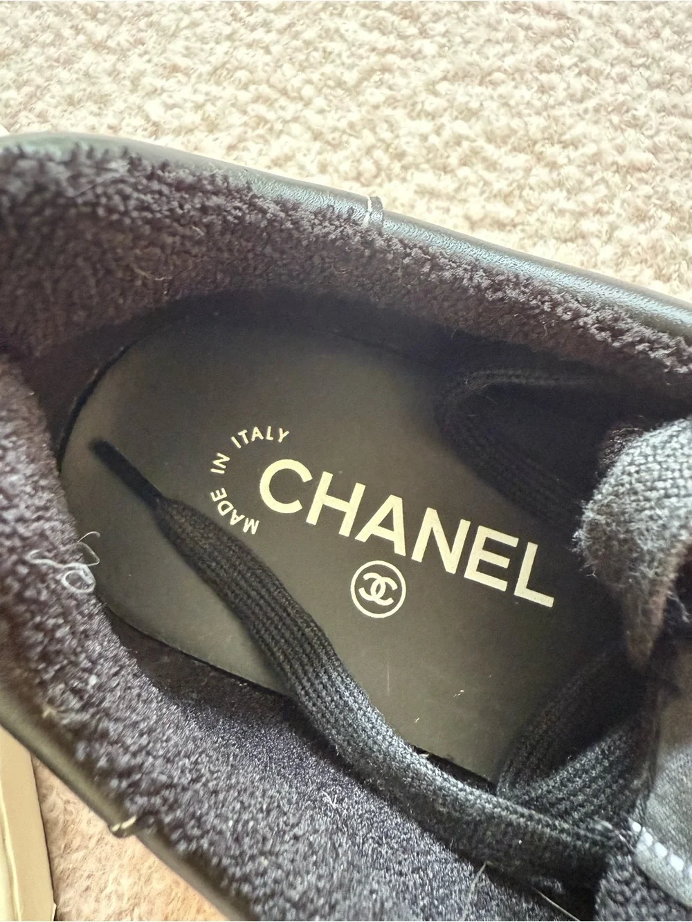 CHANEL Black Leather Low-Top Sneakers with White Stitching size 6 never worn